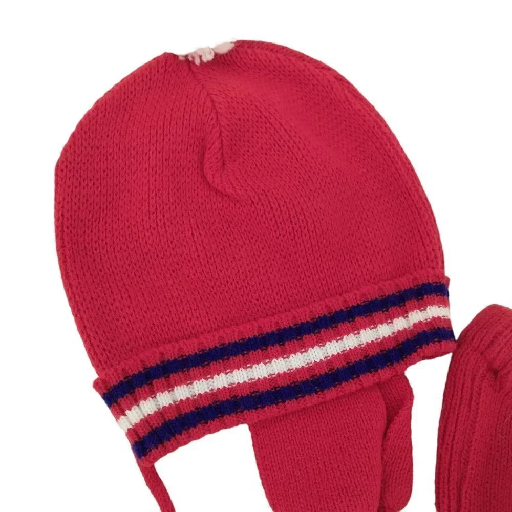 Vintage Knit Baby Outfit Size 6-12 Footie Pants Sweater Pompom Earflap Hat Cars